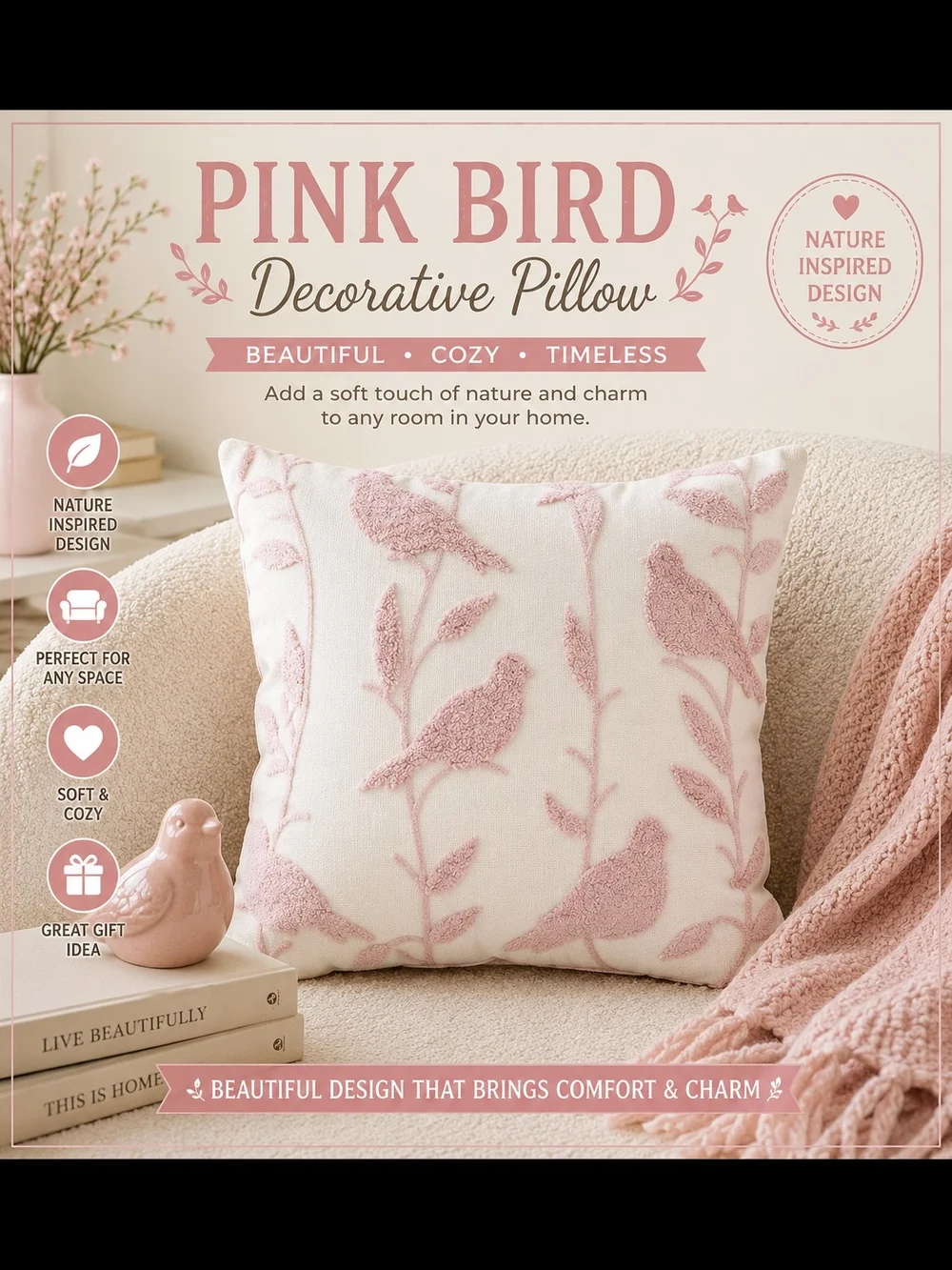 Pink Bird Decorative Throw Pillow - Soft Pink Accent With Insert